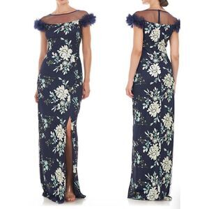 JS Collections Navy Pistachio Sequin Floral Gown 8 Maxi Dress 3D Flower Lash
